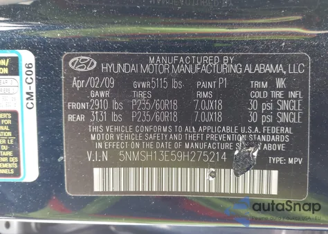 2009 Hyundai Santa Fe Limited z USA, uszkodzony, nr VIN 5NMSH13E59H275214